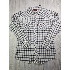 Real Ranch Shirt Mens L Large Blue Khaki‎ Pearl Snap Long Sleeve Western